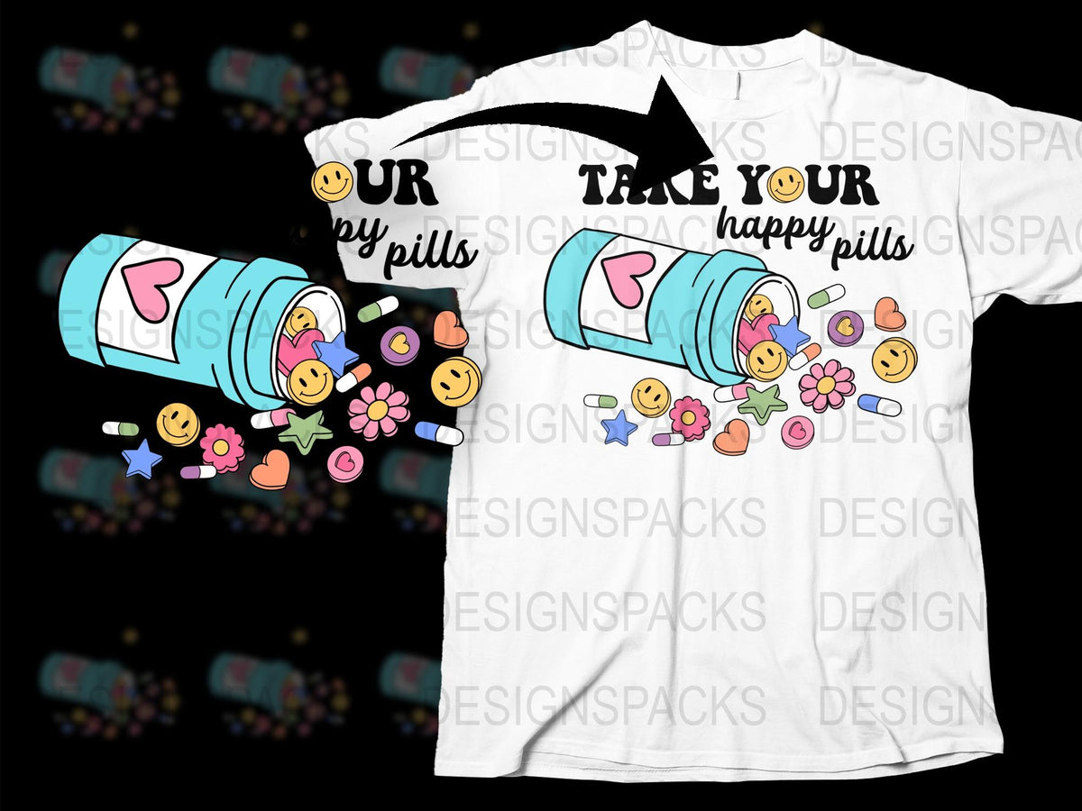 Happy Pills Graphic T-Shirt, Cute Emoji and Flowers Design, Trendy Colorful Tee for All Ages