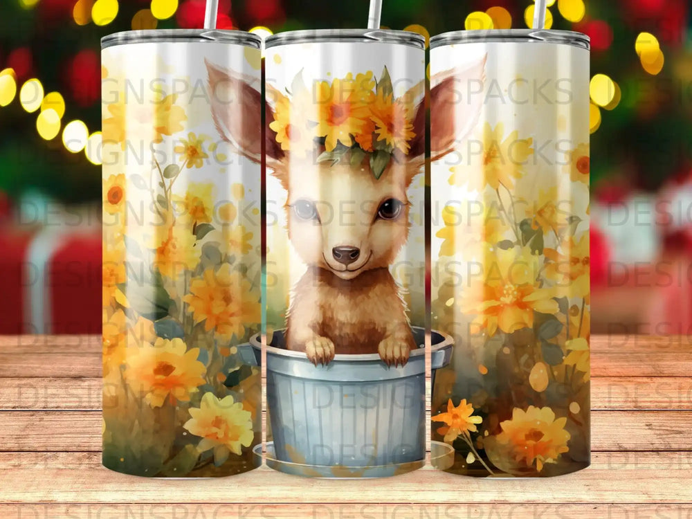 Fawn in flower pot with floral watercolor background.