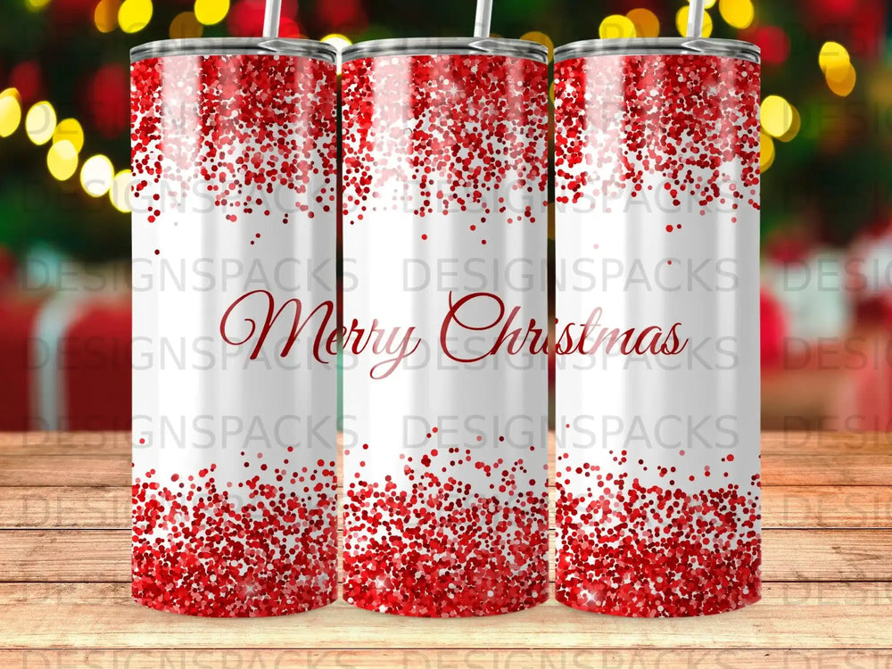 Red glitter tumbler with "Merry Christmas" text on wooden background.