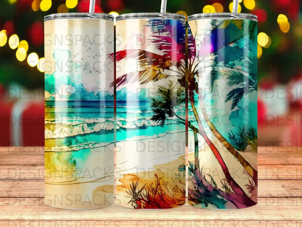 Three tumblers with a tropical beach scene featuring palm trees and ocean waves.