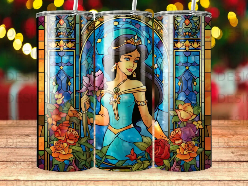 Stained glass tumbler featuring Princess Jasmine holding a flower.