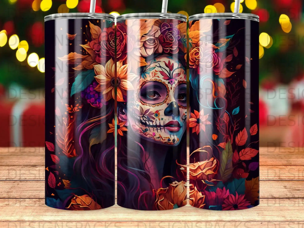 Sugar skull woman with colorful floral accents on a dark background.