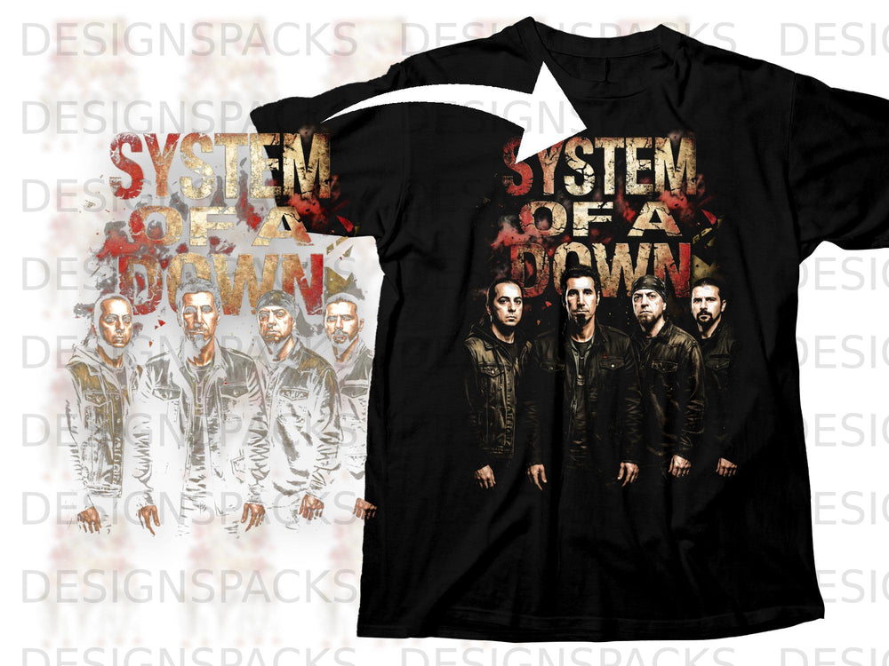Black t-shirt with System of a Down band members and logo graphic.