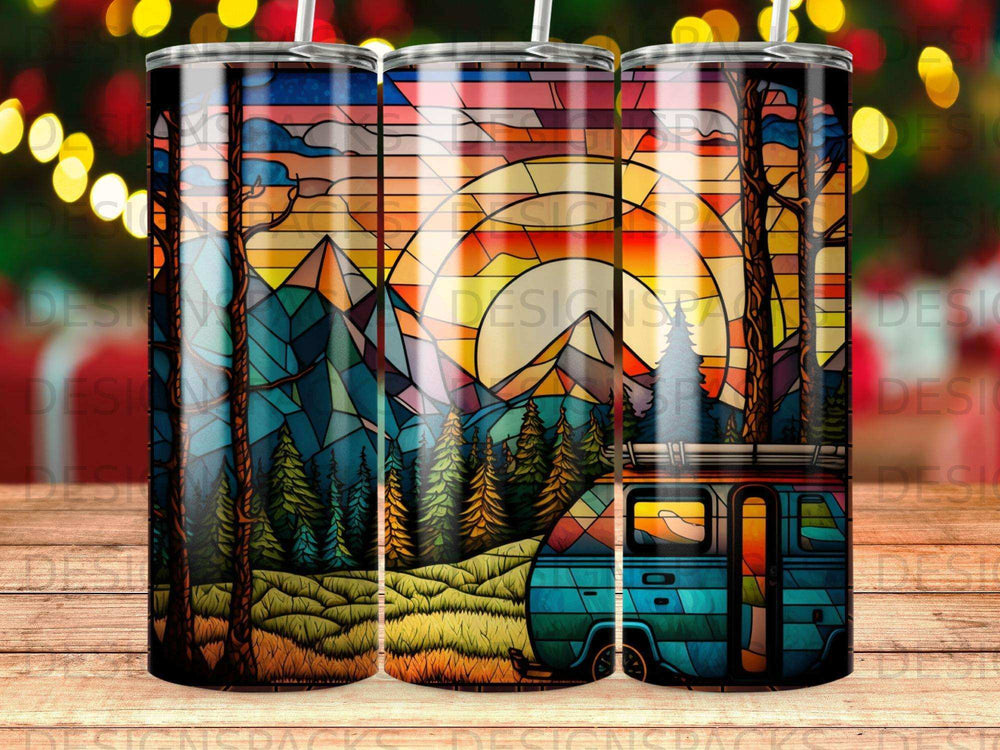 Stained glass style sunset over mountains with trees and a camper van.
