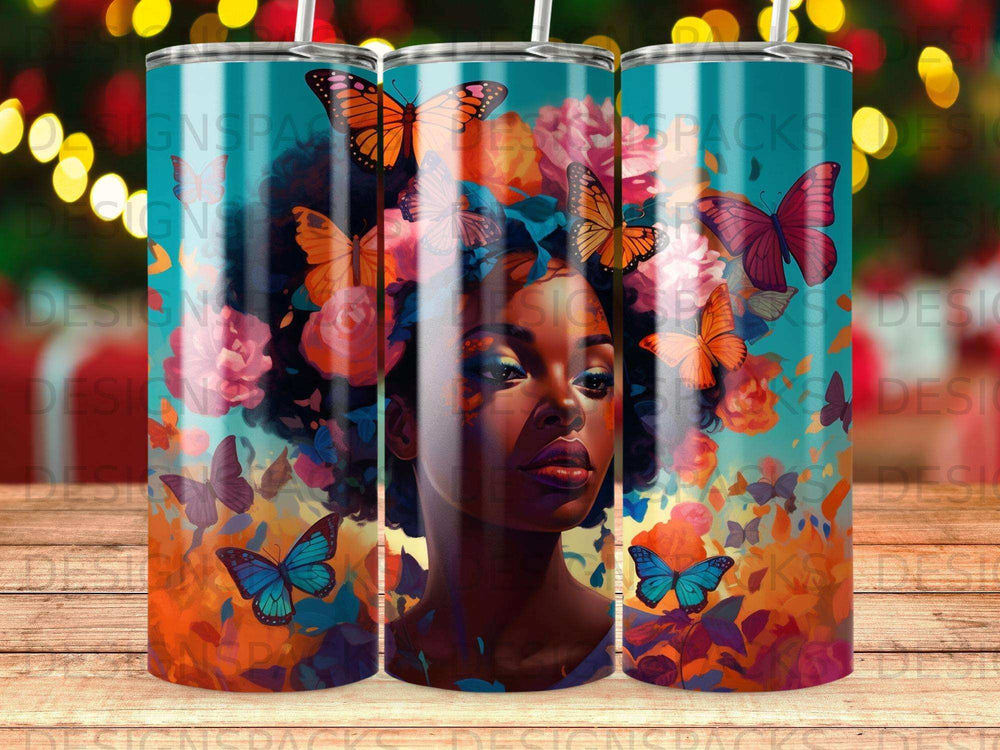 Woman with butterflies and flowers in colorful, vibrant illustration.