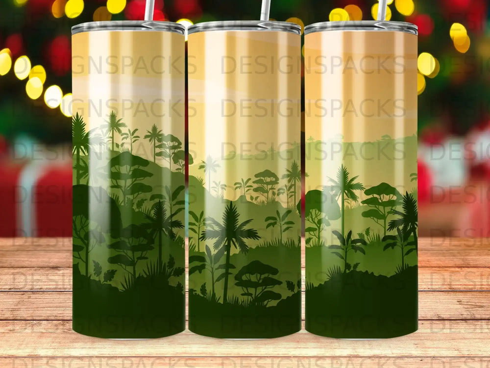 Green jungle silhouette on a tumbler, with a warm gradient background.