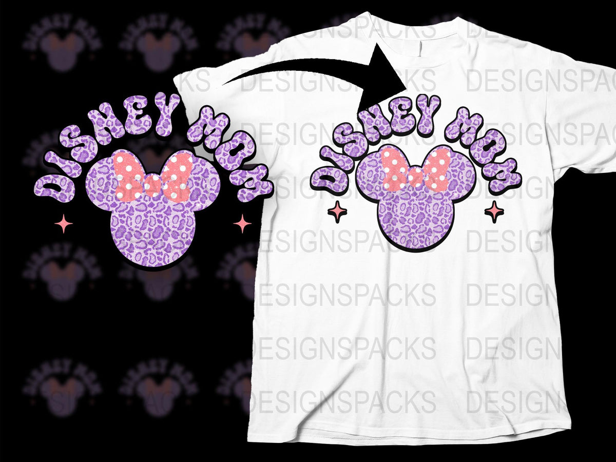 Disney Mom T-Shirt Purple Leopard Print, Cute Family Vacation Tee, Matching Theme Park Shirts, Women's Fashion Top