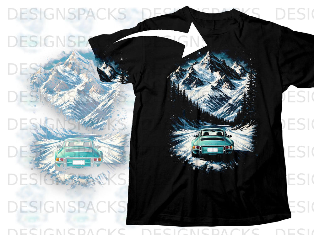 Black t-shirt with a turquoise car driving through snowy mountains.