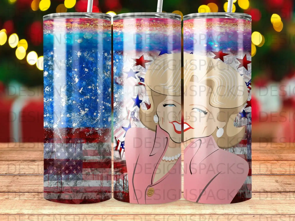 Tumbler with patriotic design and blonde woman wearing red.