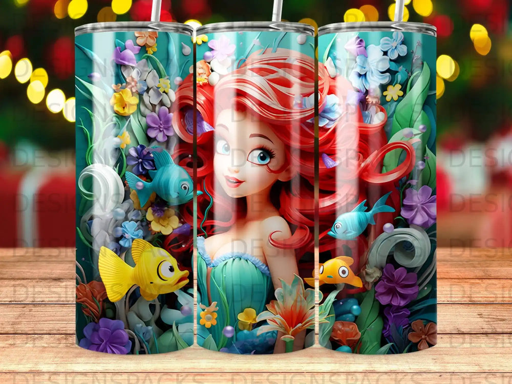 Ariel from The Little Mermaid surrounded by colorful sea life and flowers.