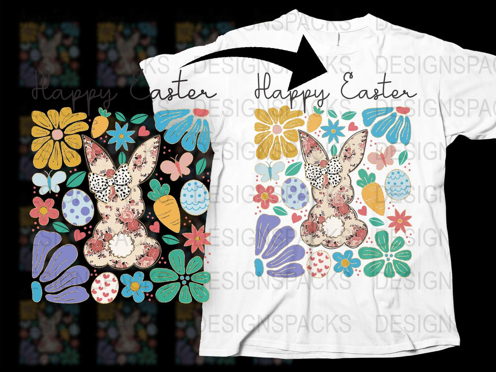 Happy Easter T-Shirt with Colorful Bunny and Floral Egg Designs, Spring Holiday Fashion