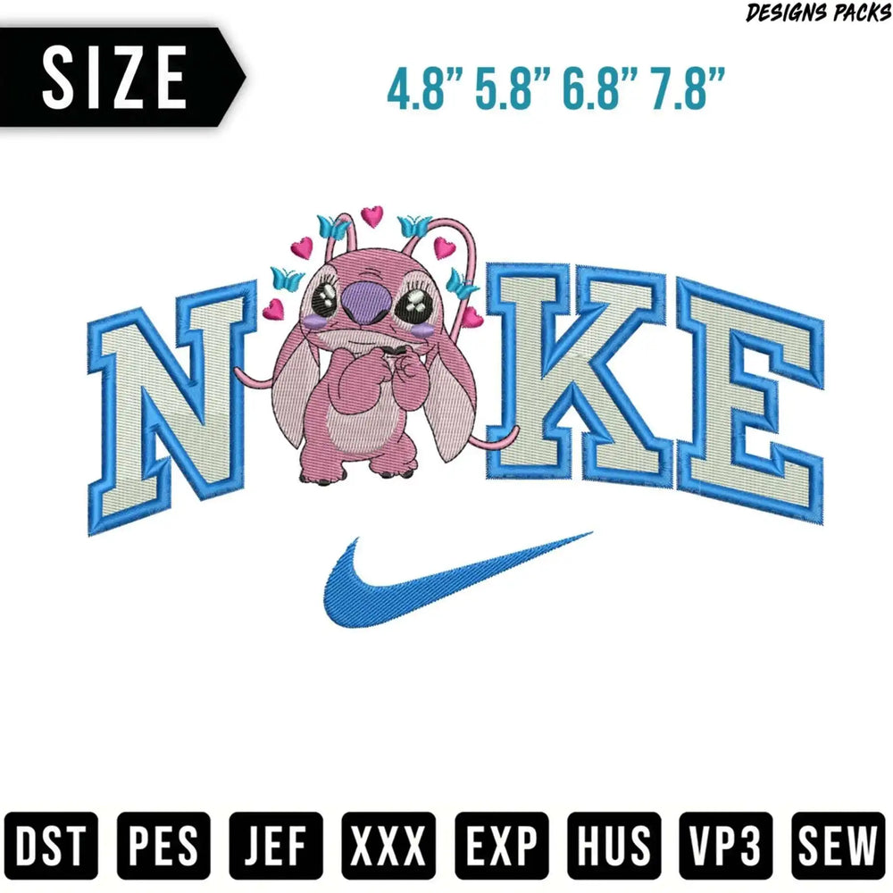 Embroidery design of Stitch wearing a Nike t-shirt with heart accents.