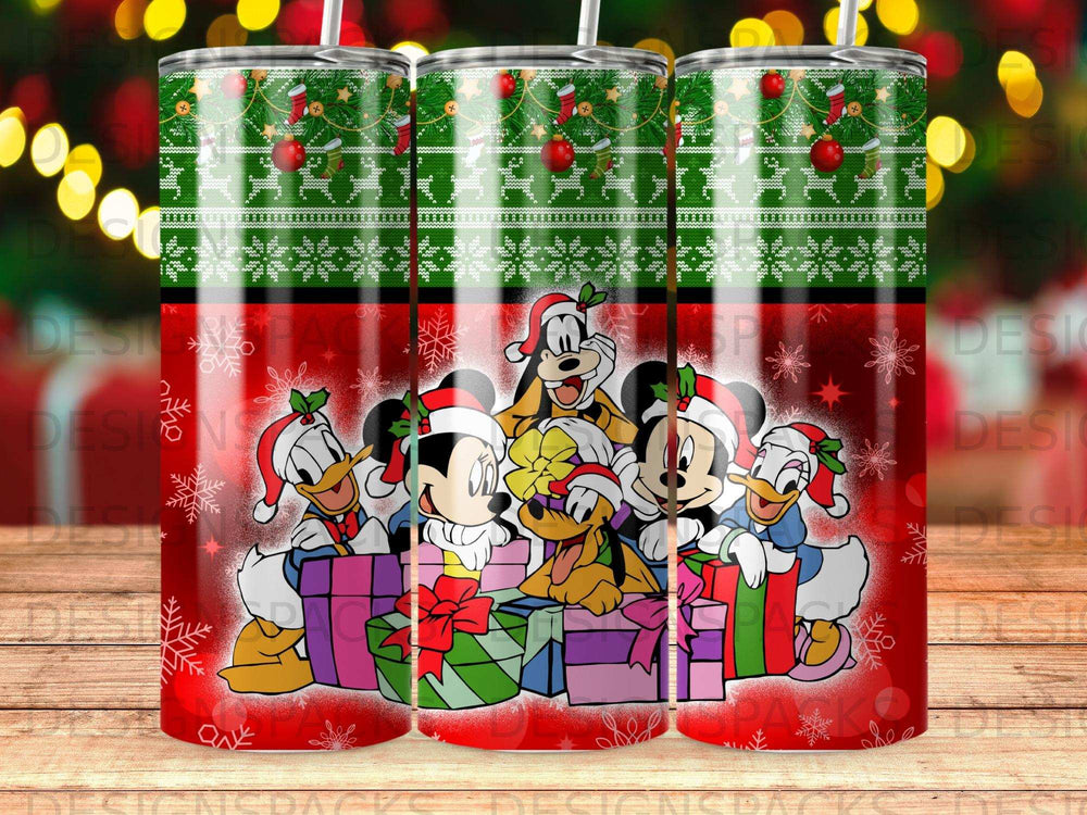 Disney characters in Santa hats hold presents with a festive holiday background.