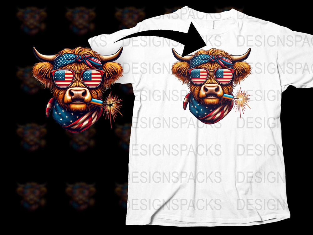 Patriotic Highland Cow T-Shirt, American Flag Sunglasses, Fireworks Graphic Tee, 4th of July Apparel