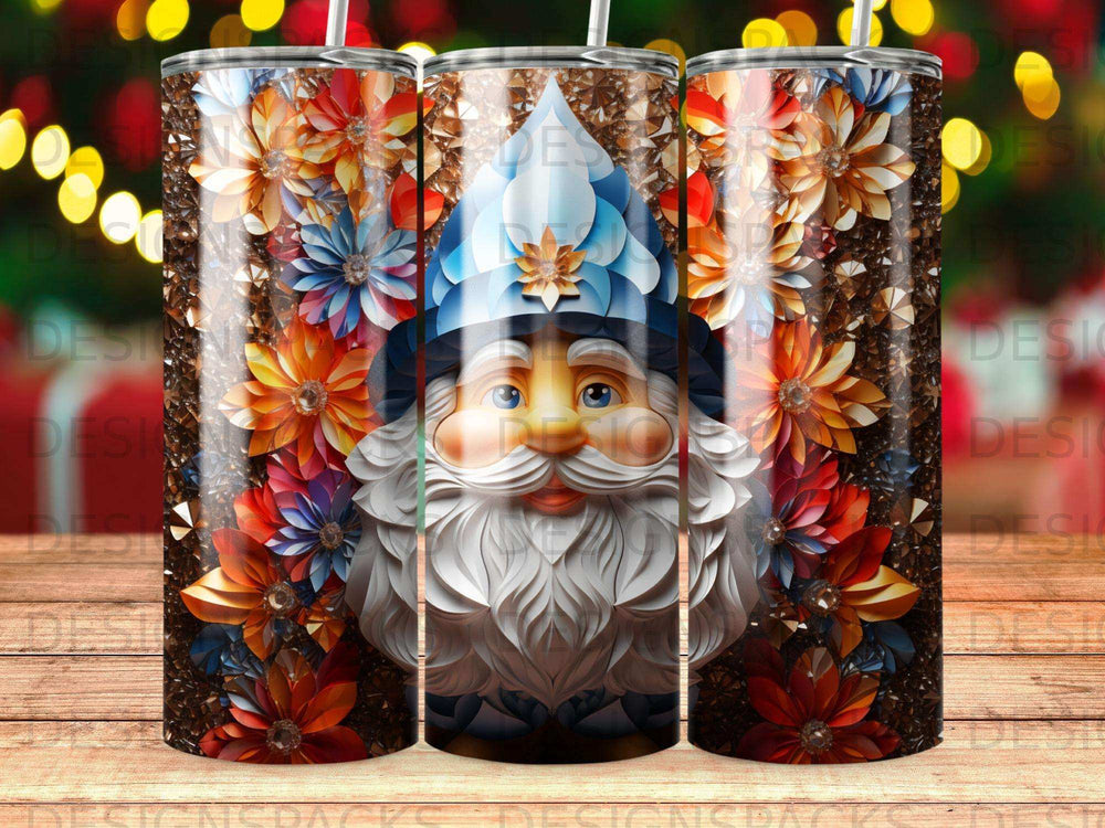 Santa Claus with flowers and glitter on a tumbler.