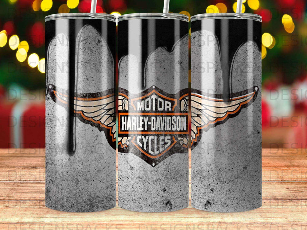 Motorcycle Harley-Davidson Cycles logo on a gray textured tumbler with black drips.