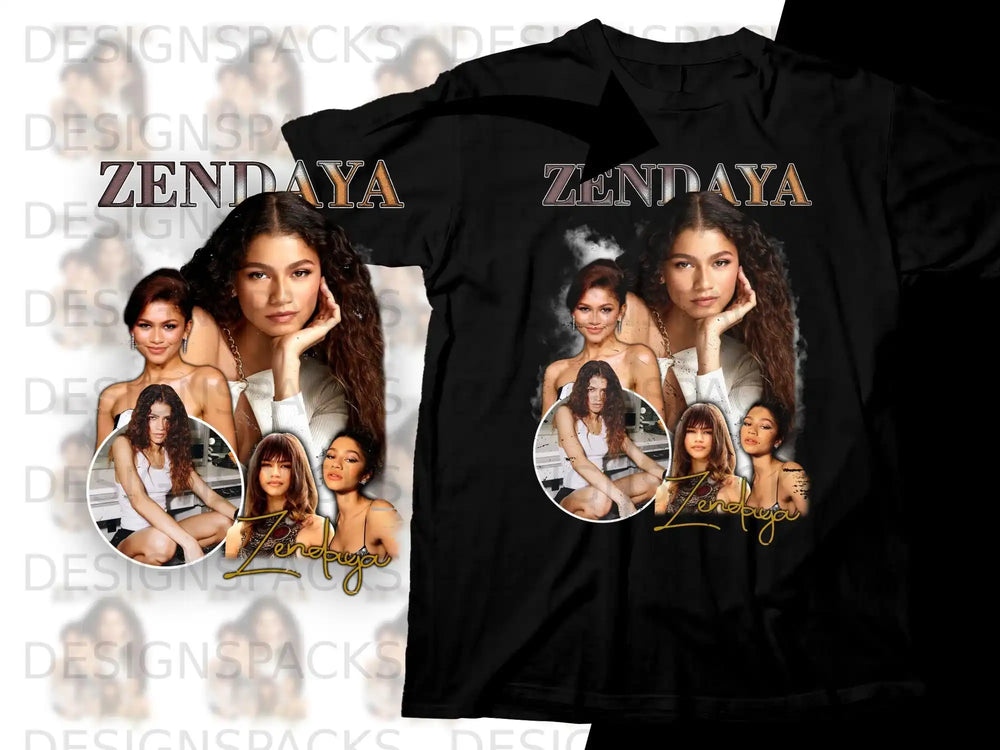 Collage of Zendaya images with her name printed on a black t-shirt.