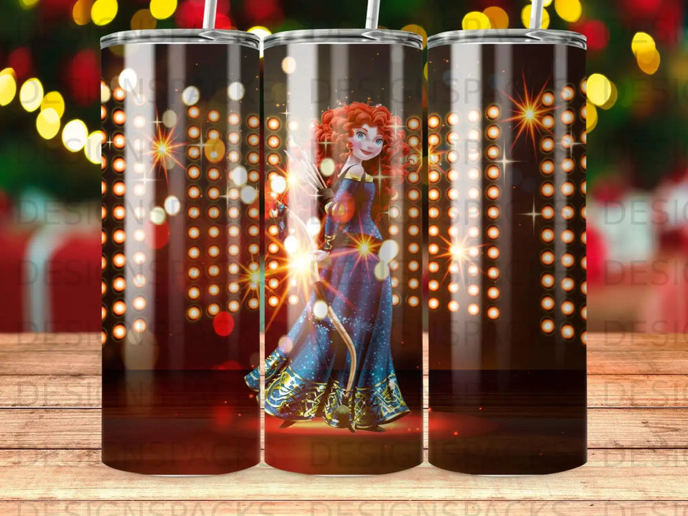 Merida from Brave with fiery hair and glowing wings against sparkly lights.