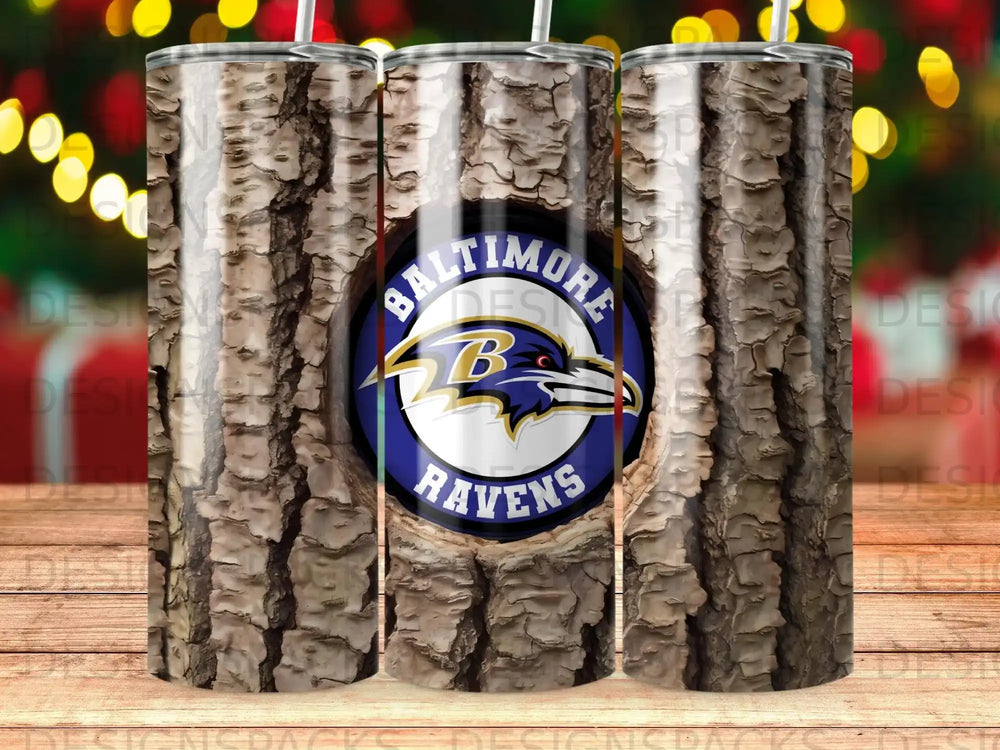 Baltimore Ravens logo on a wood-textured tumbler with bokeh lights.