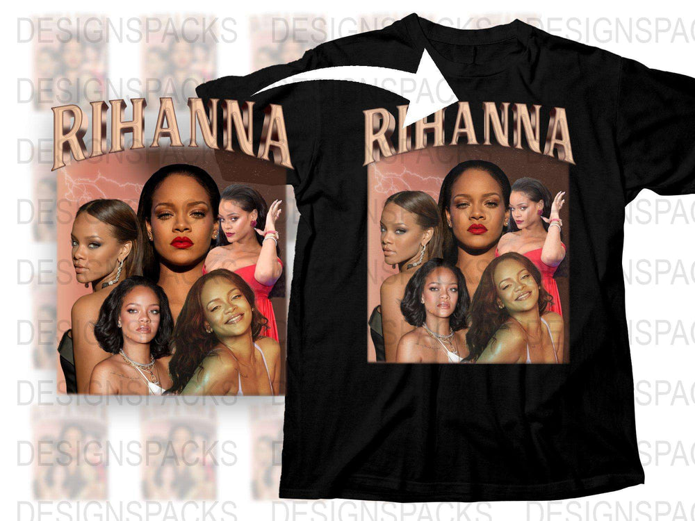 Rihanna Graphic T-Shirt, Pop Icon Photo Collage, Fan Merch, Black Tee with Multiple Images, Music Star Apparel