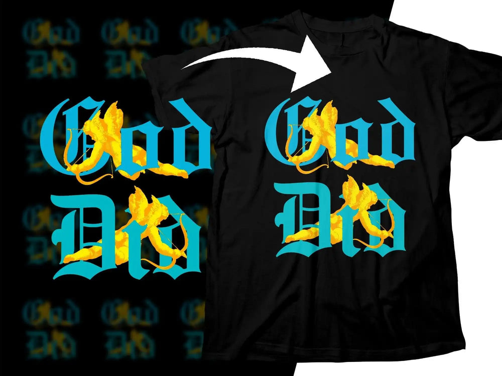 Bad Dad t-shirt design with blue gothic text and yellow cherubs, print-ready for DTG/DTF