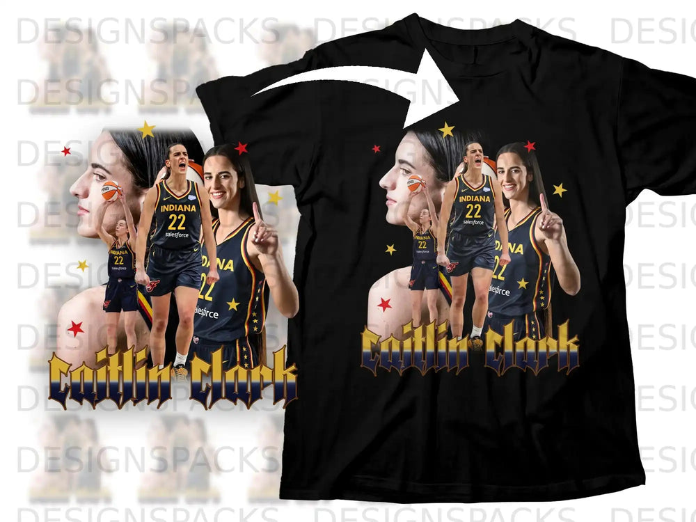 Indiana Fever basketball player Caitlin Clark on a black t-shirt.