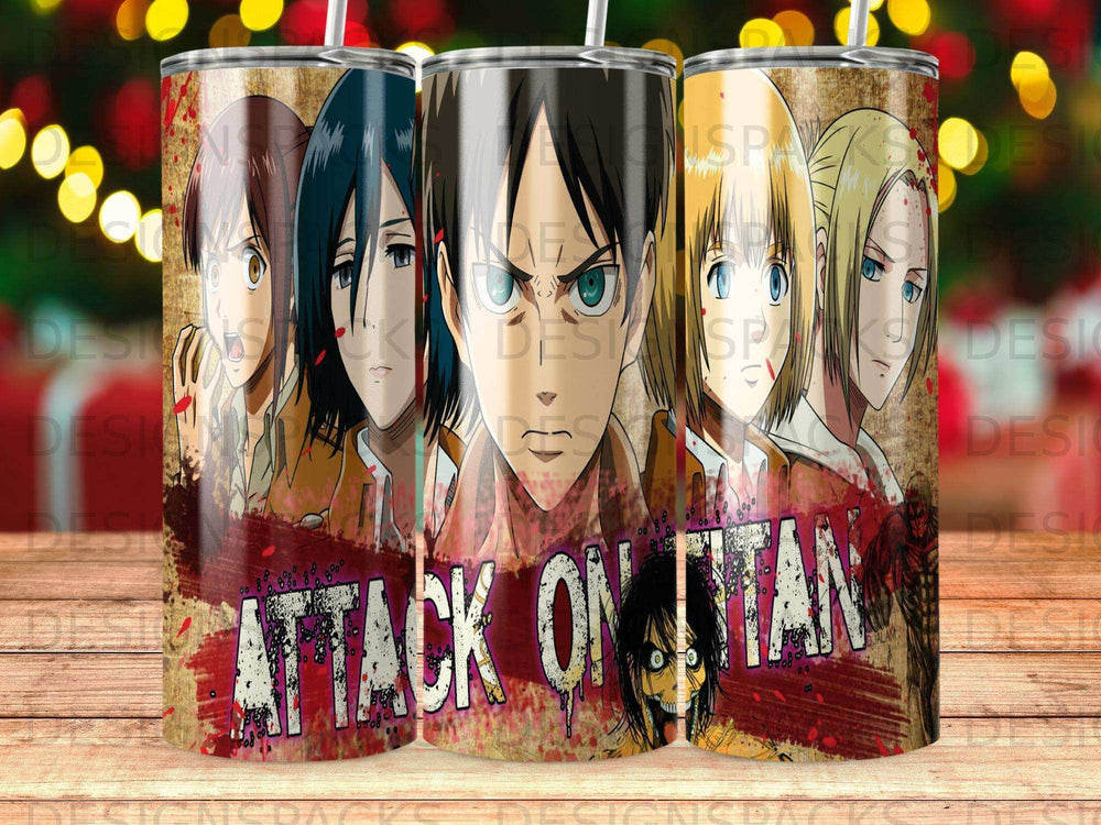 Attack on Titan characters Eren, Mikasa, and Armin on a tumbler design.