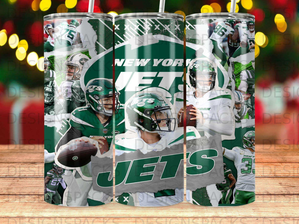 New York Jets players and logo on a multi-panel tumbler design.
