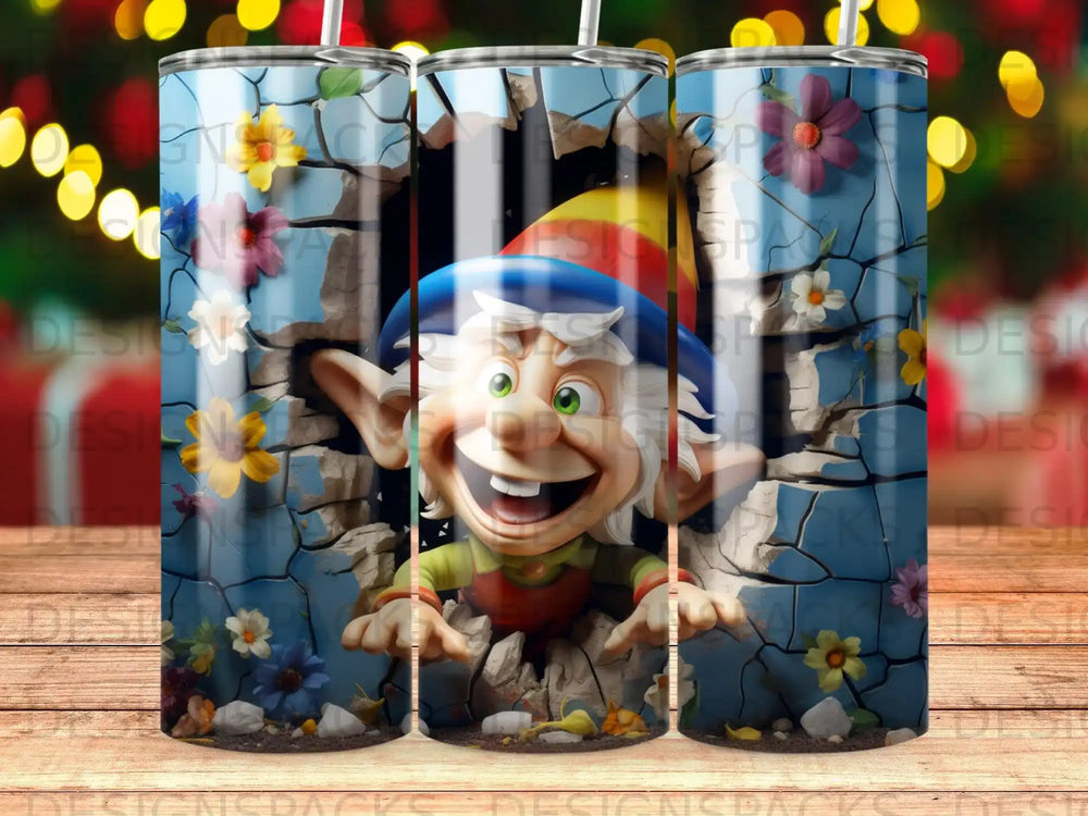 Elf face bursting through cracked blue wall with flowers and blurred lights.