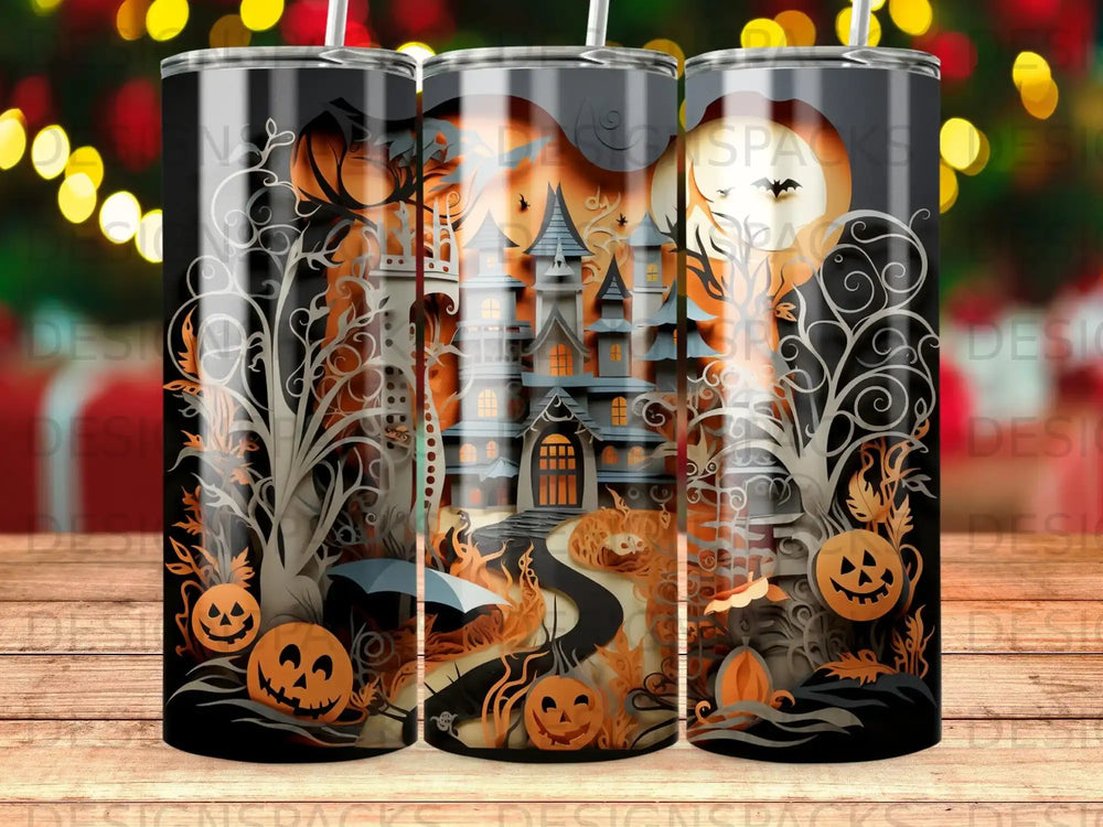 Haunted castle with pumpkins and spooky trees Halloween design on a tumbler.