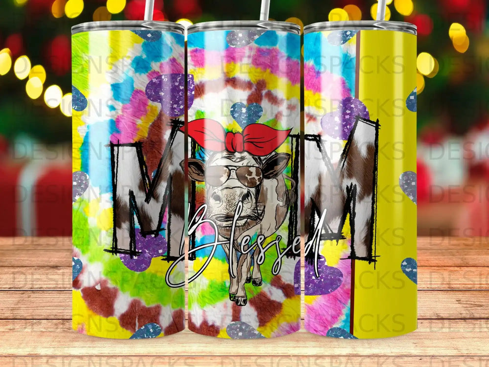 Tie-dye background with a cow wearing sunglasses and a bow, labeled "MOM Blessed".