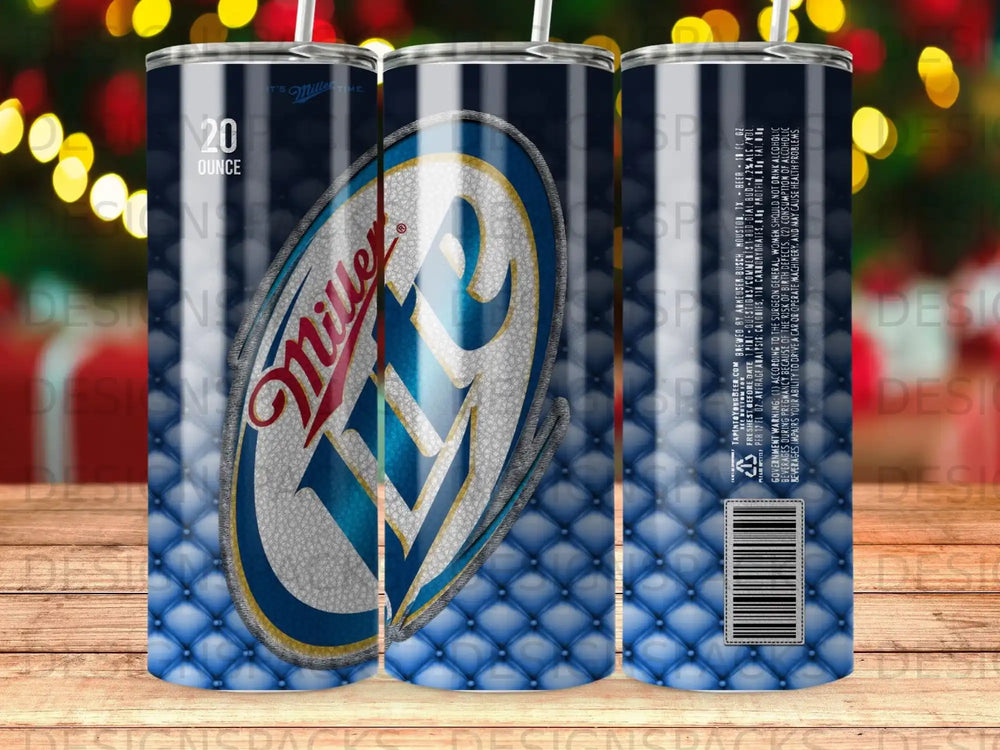 Miller Lite 20 ounce tumbler with textured blue and white design.