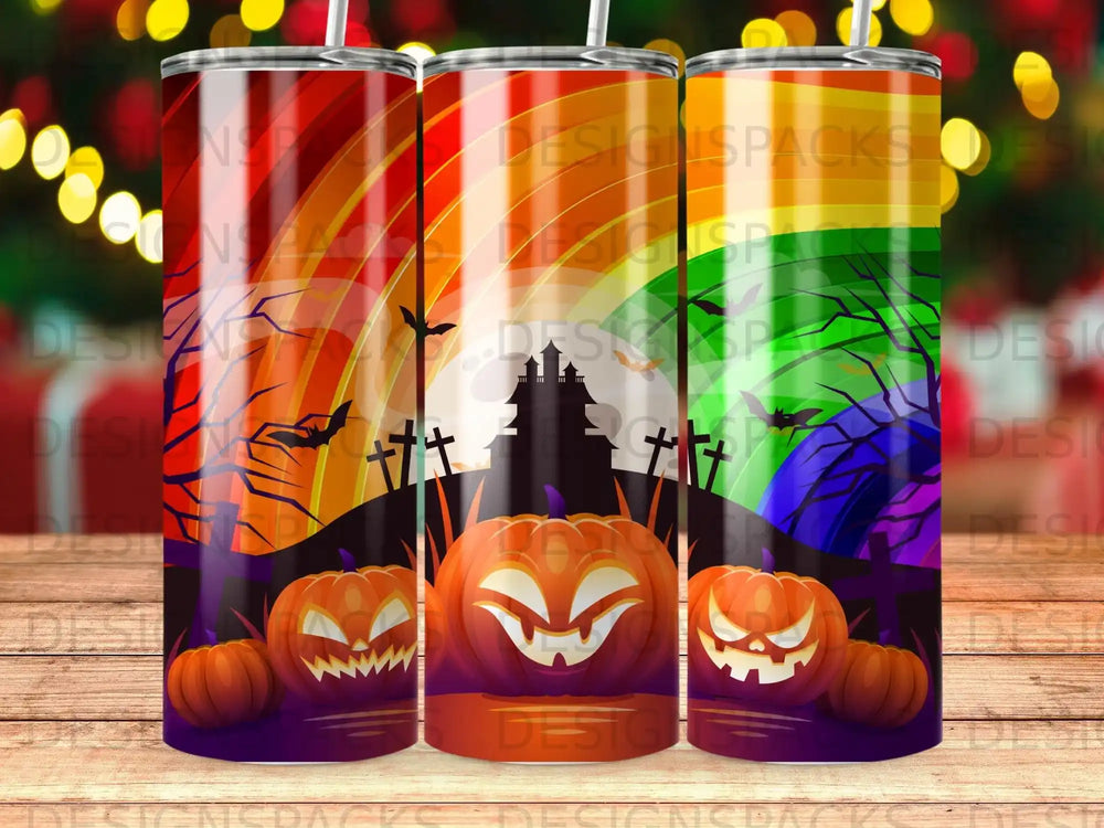 Three Halloween-themed tumblers with pumpkins, bats, and spooky trees under a rainbow.