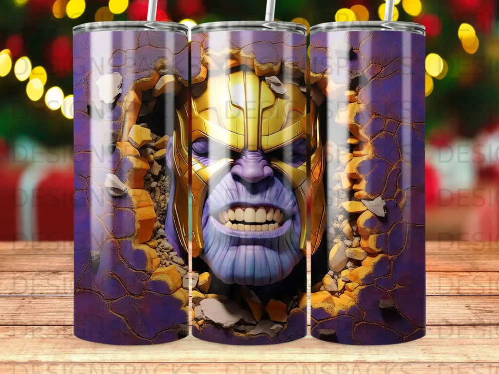 Thanos bursting through a cracked wall, purple skin, gold helmet, angry expression.