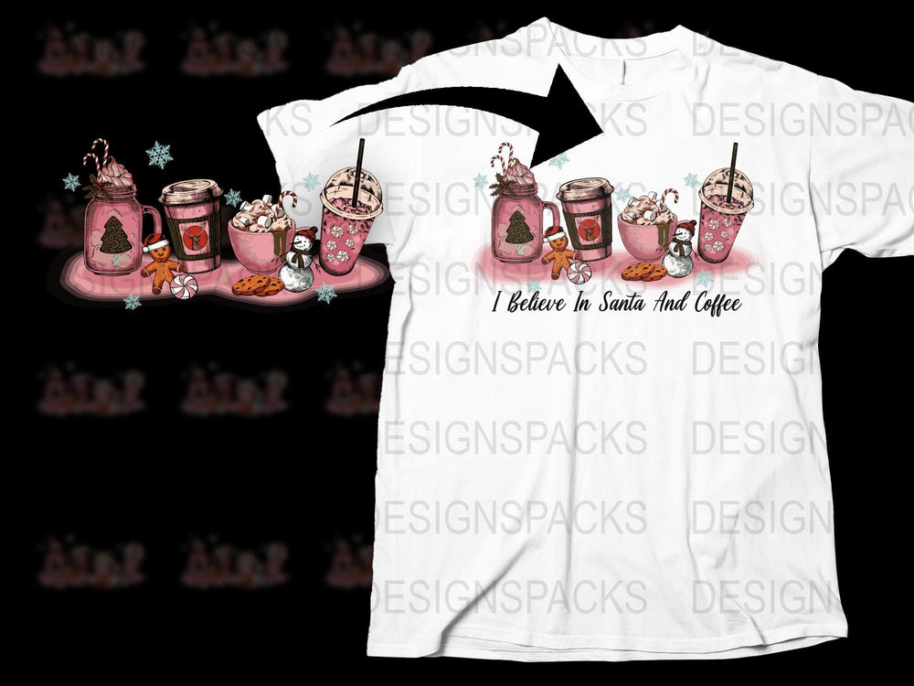 Christmas Coffee T-Shirt, I Believe in Santa and Coffee, Holiday Tee, Festive Winter Apparel, Cute Coffee Lover Gift