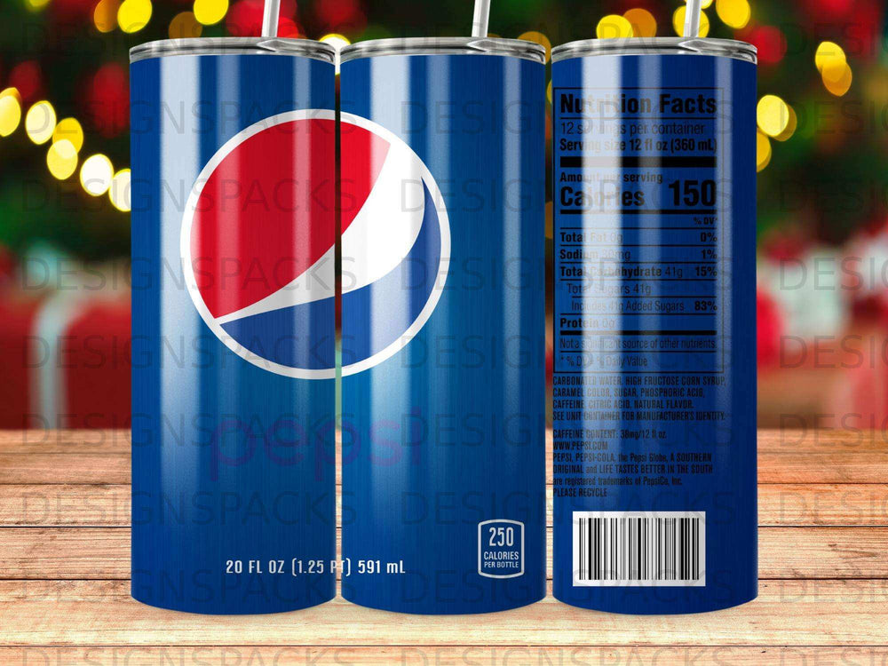 Pepsi 20 oz bottle with nutrition facts and caffeine content listed.