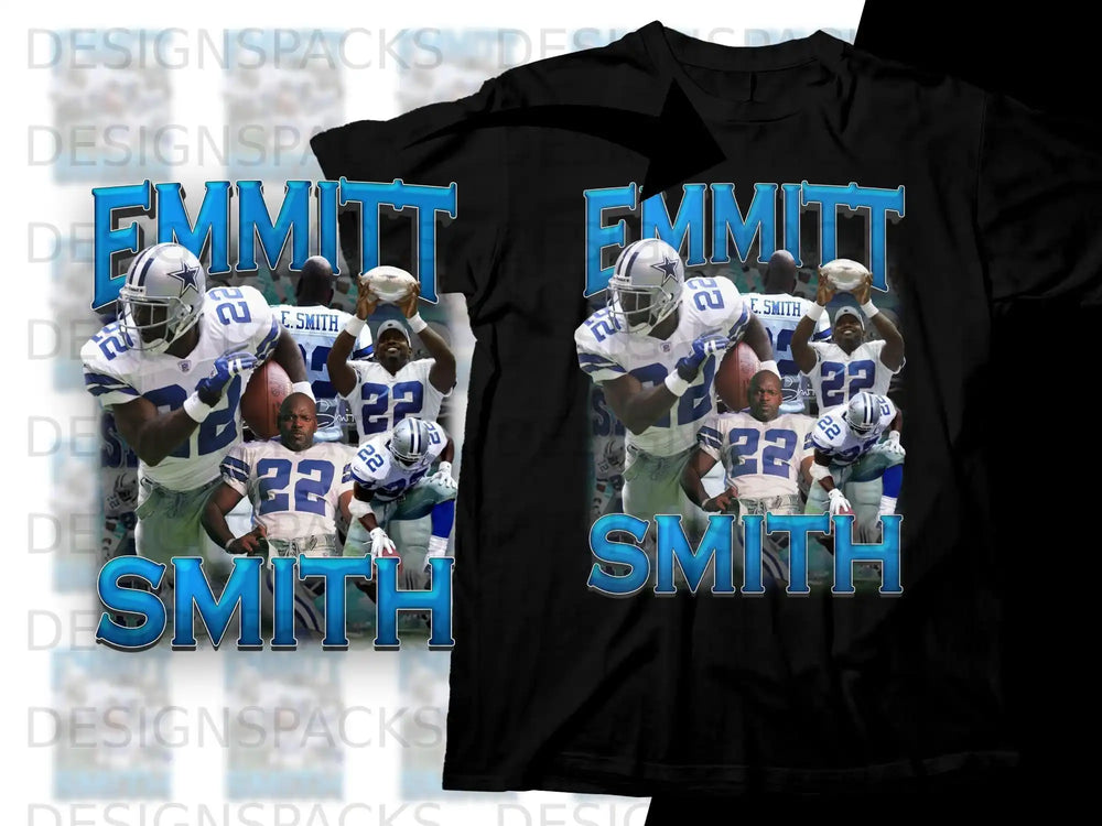 Black t-shirt graphic featuring Emmitt Smith in his Dallas Cowboys uniform, number 22.