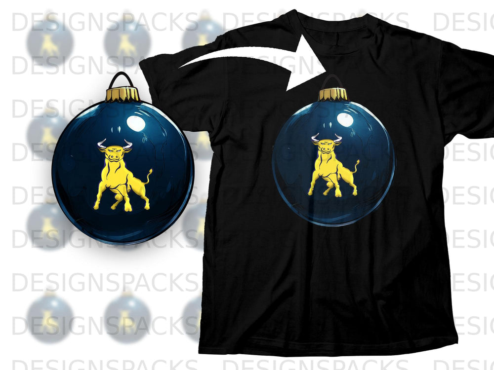 Black t-shirt with a blue Christmas ornament design featuring a yellow bull.