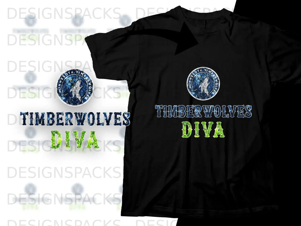 Black t-shirt with "Minnesota Timberwolves DIVA" text and logo.