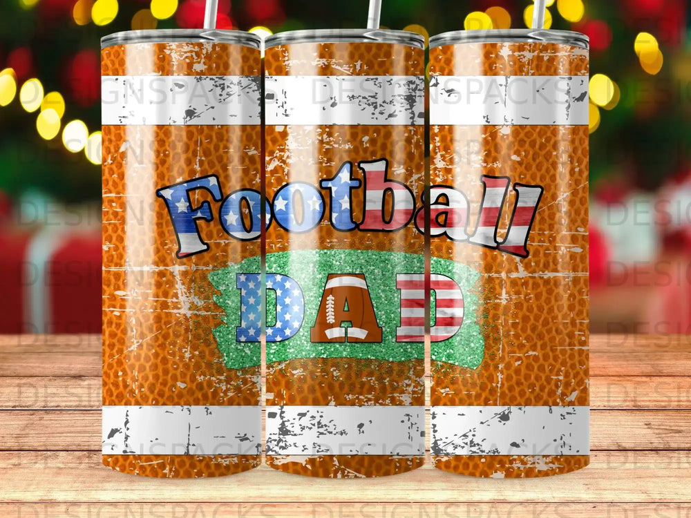 Football Dad tumbler with football texture and glitter accents.