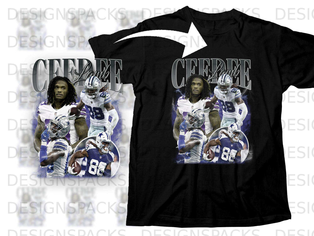 Black t-shirt featuring Dallas Cowboys player CeeDee Lamb with lightning accents.