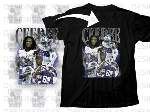 Black t-shirt featuring Dallas Cowboys player CeeDee Lamb with lightning accents.