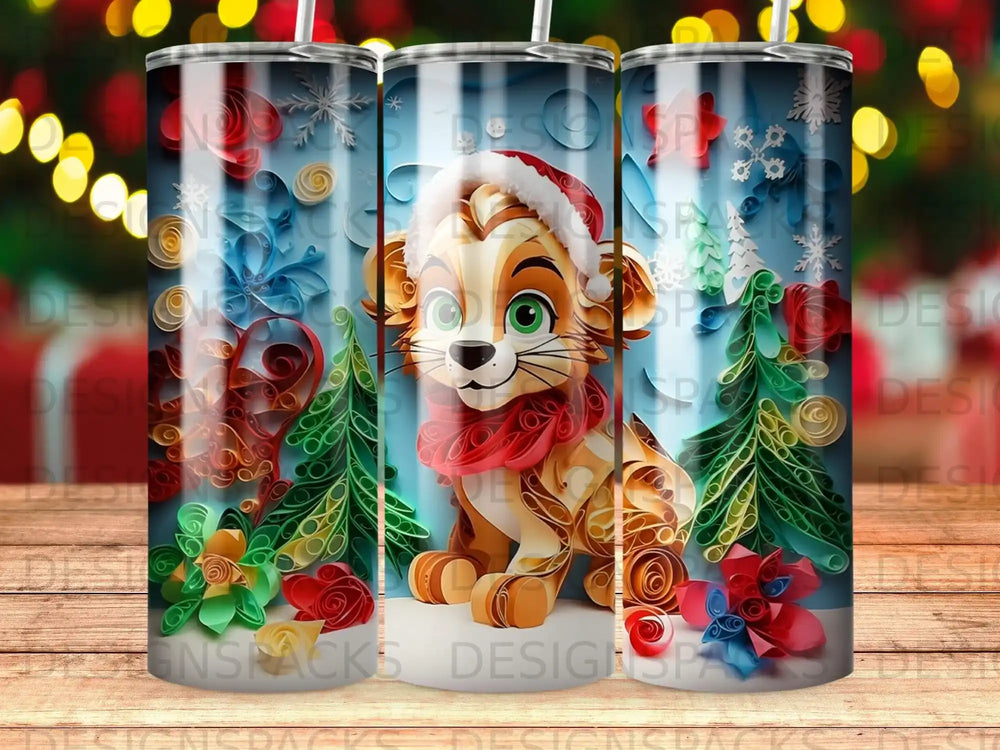 Quilled paper tiger in Santa hat and scarf, surrounded by paper snowflakes and evergreen trees.