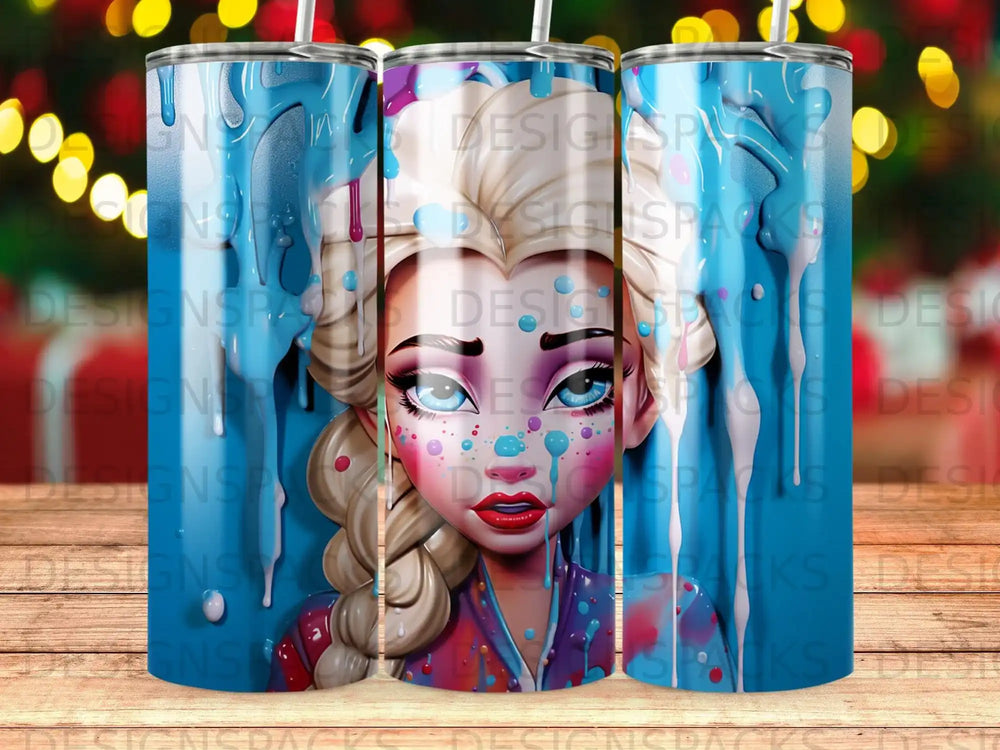 Frozen Elsa character art with blue paint splashes on a skinny tumbler.