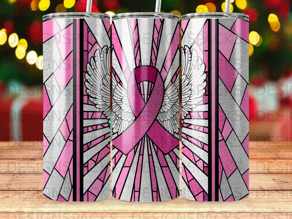 Pink ribbon with angel wings on a stained-glass pattern tumbler.