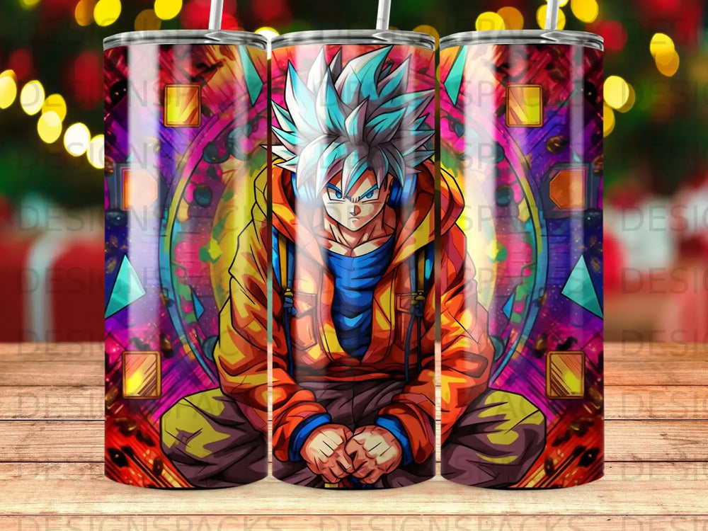 Dragon Ball Z Goku sitting in orange hoodie with colorful abstract background.
