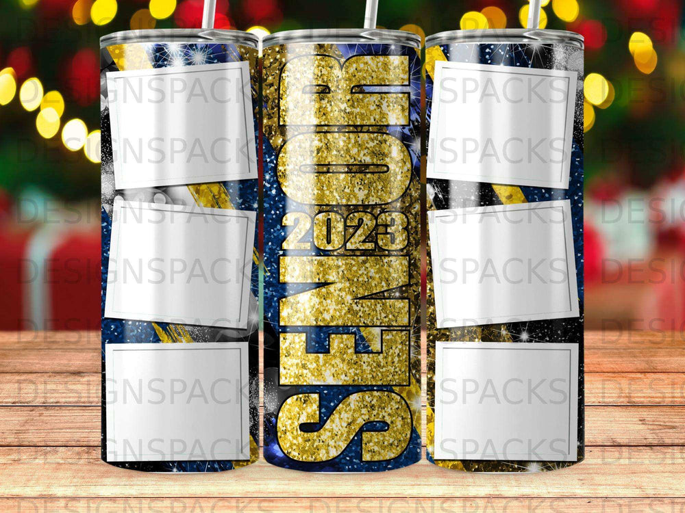 Tumbler with "2023" and glittery blue and gold lettering.