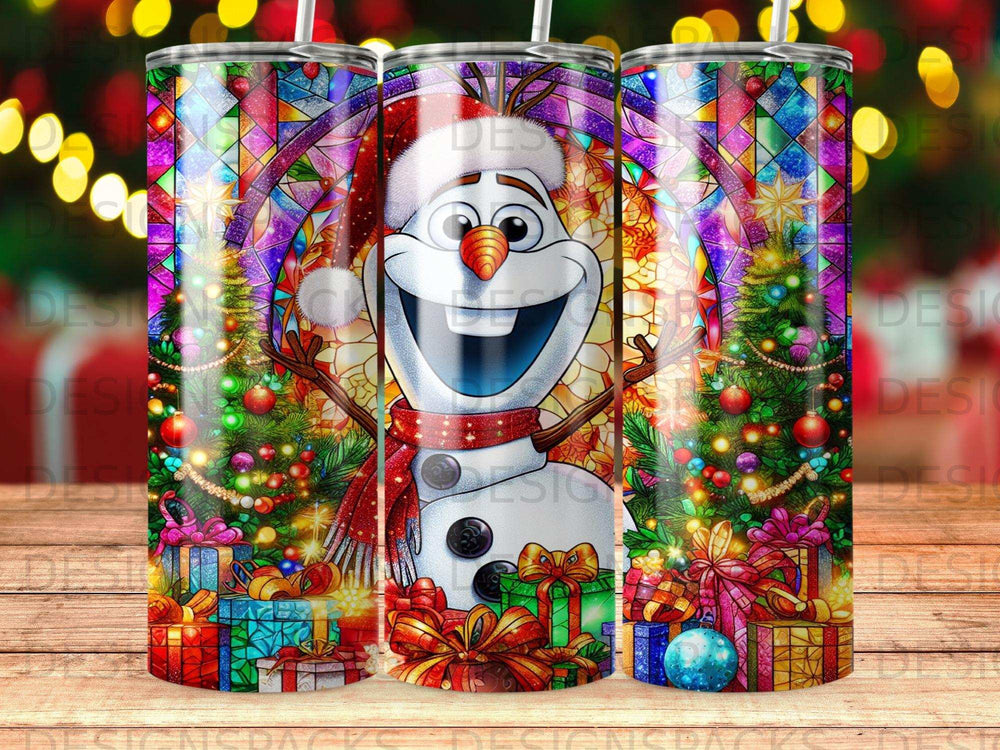 Olaf the snowman in a stained-glass winter scene with Christmas trees and gifts.