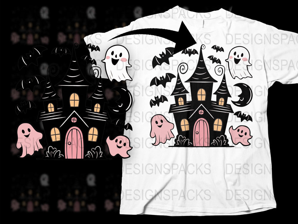 Halloween T-Shirt with Haunted House, Ghosts, Bats Design, Festive Spooky Apparel for All Ages