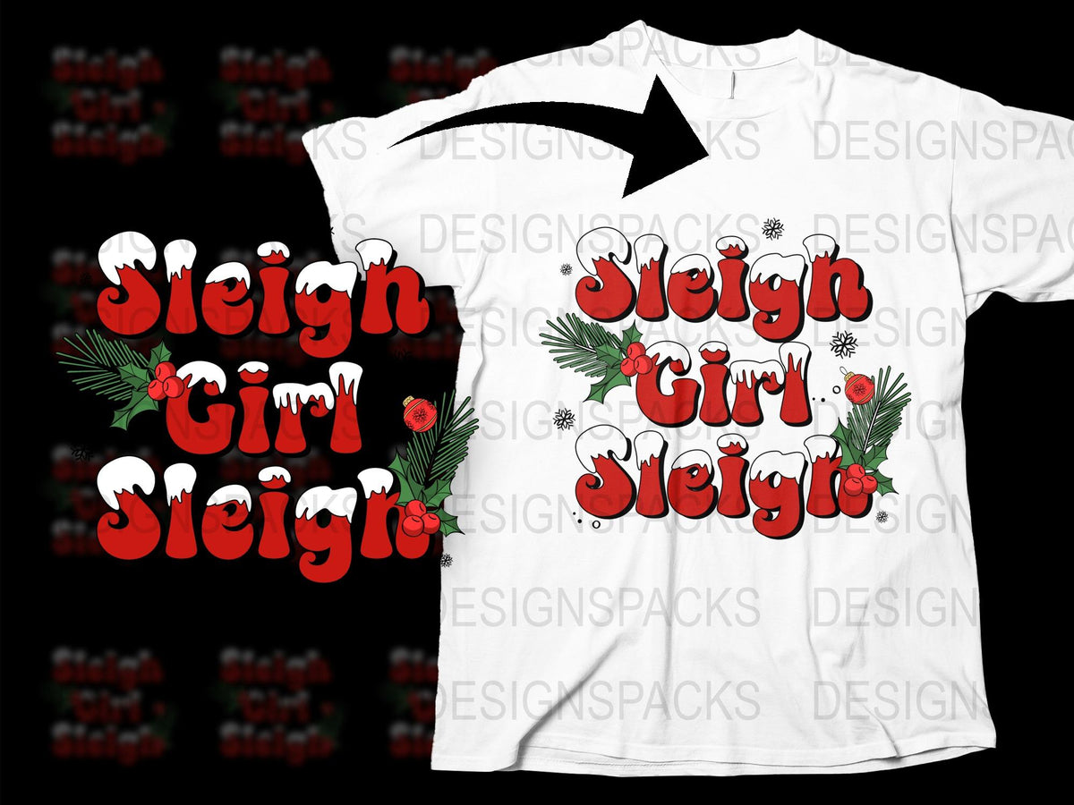 Sleigh Girl Sleigh T-Shirt, Festive Holiday Tee, Christmas Flower Red Design, Women's Fashion Shirt